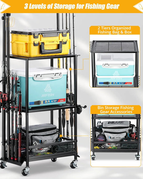 Adjustable Height Fishing Rod Holder Rack For Ten Rods Durable Pole Organizer for garage with storage and gear bins