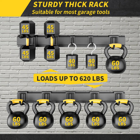64 Inch Garage Storage Wall Mount Tool Organizer With 620Lb Load Capacity Heavy Duty Metal Hooks showing weights on rack
