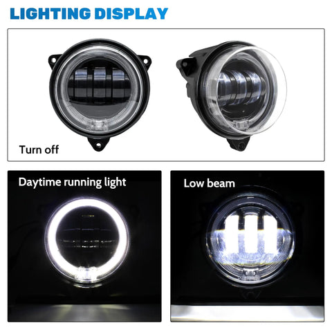 LED Low Beam Headlights With Halo Ring DRL For Can Am Outlander 2012-2022, various lighting modes displayed, off and on.
