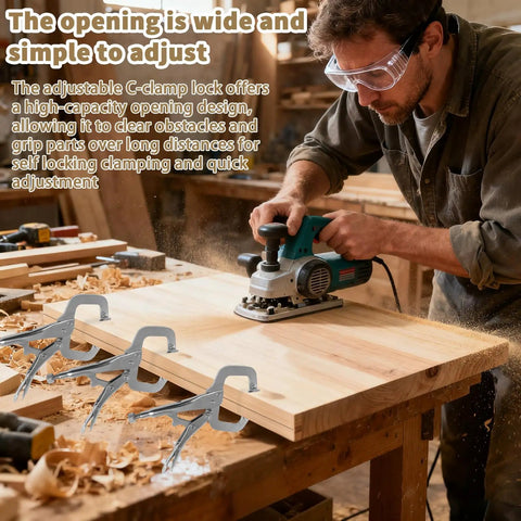 Man using planer on wood with 12 Pack 6 Inch Locking C Clamps With Swivel Pads And Regular Tips, Adjustable Welding Pliers