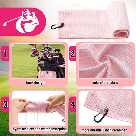 Pink Golf Gear Kit For Women 12 Piece Set with microfiber towel, carabiner, hook design, and water absorption feature.