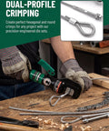 10 Ton Hydraulic Wire Rope Crimping Tool Featuring Eleven Die Sets For Double Barrel Sleeves And Stainless Steel Cable Railing Terminals in use for crimping.