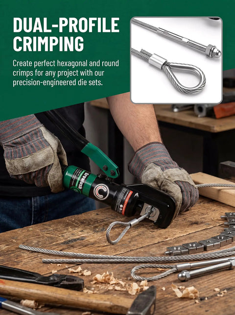 10 Ton Hydraulic Wire Rope Crimping Tool Featuring Eleven Die Sets For Double Barrel Sleeves And Stainless Steel Cable Railing Terminals in use for crimping.