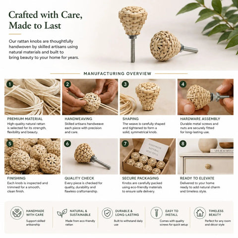 Handmade Rattan Drawer Knobs Set Of 12 Boho Cabinet Pulls With Solid Wood Base showing manufacturing process and assembly steps.
