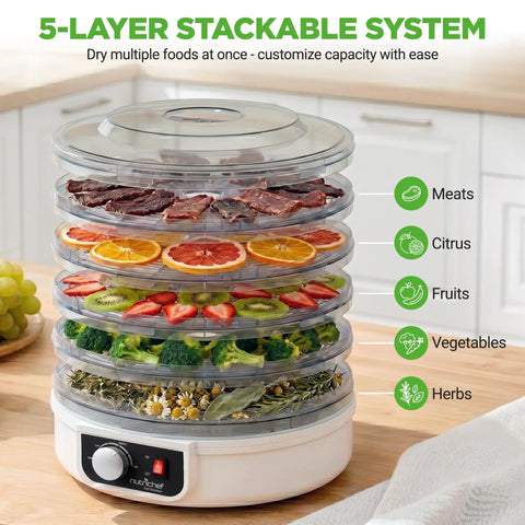 Slick Electric Countertop Food Dehydrator With Five Stackable Trays High Heat Circulation showing layered meats and fruits.