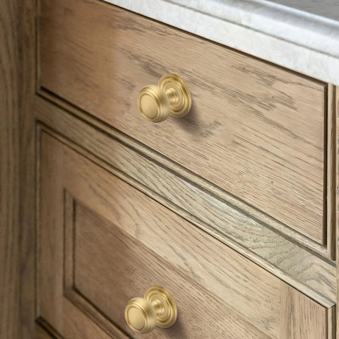 Brushed Gold Solid Brass Cabinet Knobs 5 Pack 1.18 Inch Diameter Drawer Pulls for kitchen cabinets
