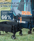 Beefy 350L Extra Large Collapsible Folding Wagon With Brake For Camping in use beside a tent, showcasing adjustable height feature.