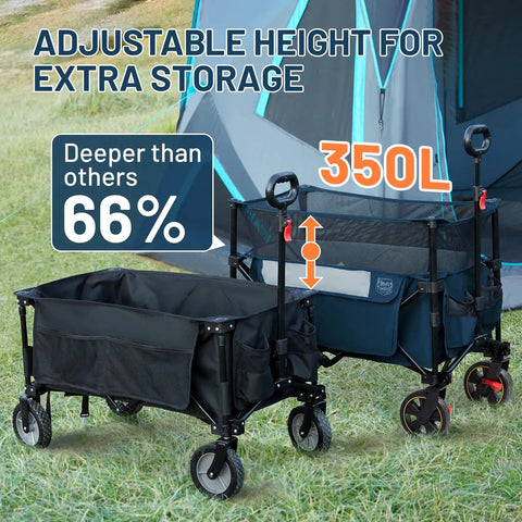 Beefy 350L Extra Large Collapsible Folding Wagon With Brake For Camping in use beside a tent, showcasing adjustable height feature.