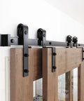 Bypass Barn Door Hardware Kit For 5 Feet Double Wooden Doors With Single Track And Flat Rollers, Low Ceiling Bypass System, Wall Mounted Installation Easy To Fit In Tight Spaces With Only Six Inches Of Ceiling Clearance featuring wood and metal construction