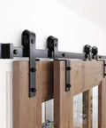Single Track Bypass Sliding Barn Door Hardware Kit For Double Doors With Low Ceiling Clearance, Flat Track Roller System
