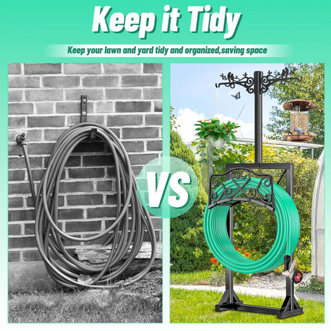 Comparison of wall-mounted hose vs. Heavy Duty Free Standing Garden Hose Holder Stand With Two Shepherd Hooks Detachable Metal Hose Storage Rack For Outdoor Yard Lawn Farm Garage Weather Resistant Easy Assembly