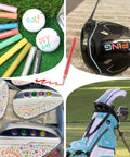 9 Piece Golf Club Paint Pens and Markers next to golf balls and clubs on grass for customizing and renovating clubs; sunproof colors visible.