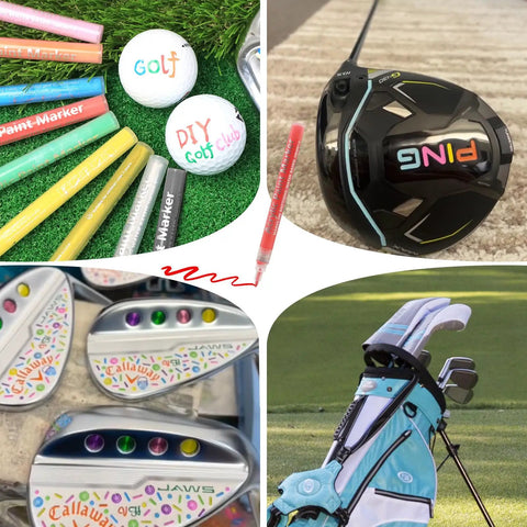 9 Piece Golf Club Paint Pens and Markers next to golf balls and clubs on grass for customizing and renovating clubs; sunproof colors visible.