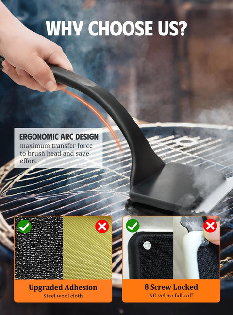 Bristle Free Grill Brush With Five Replacement Heads For Cast Iron And Stainless Steel Grates Safe Outdoor BBQ Scraper shown on grill