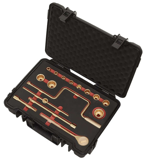 Rigged Out 17 Piece Half Inch Square Drive Socket Set Crafted From DropForged Beryllium Copper For Badass Zero Spark Action And Ultimate Job Site Flex With Ratchet Extensions And Hard Case in a hard case.
