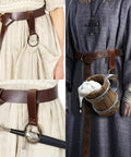 Dual Brown Renaissance Belt Pouch And Viking Bracer Kit featuring detachable waist bag, brown leather belt with hook strap.