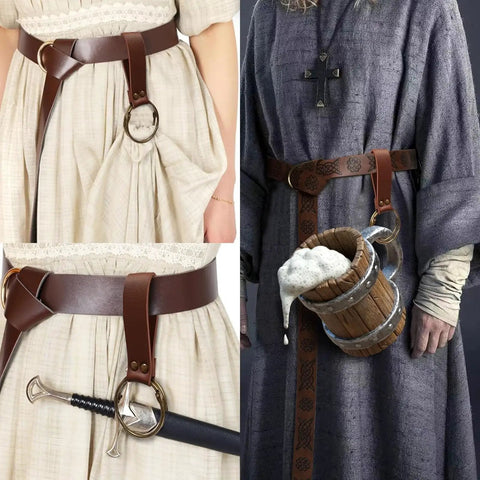 Dual Brown Renaissance Belt Pouch And Viking Bracer Kit featuring detachable waist bag, brown leather belt with hook strap.