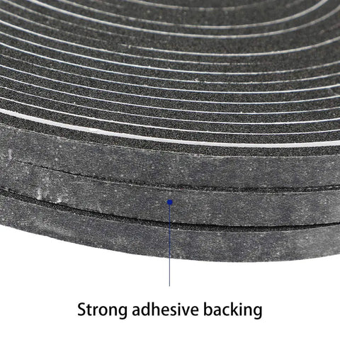 Close-up of Rock Solid CR Neoprene High Density Foam Tape Weather Stripping Seal showing strong adhesive backing on rolls.