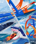 Shark Themed Car Race Track Set With Dual Loop And 2 Cars And Launchers, Jump Ramp Raceway Playset For Boys And Girls, shark mouth gate.