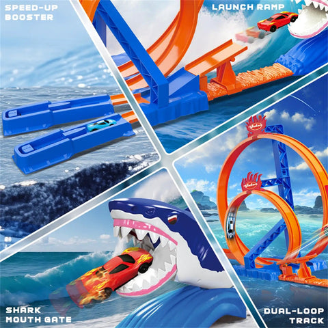 Shark Themed Car Race Track Set With Dual Loop And 2 Cars And Launchers, Jump Ramp Raceway Playset For Boys And Girls, shark mouth gate.