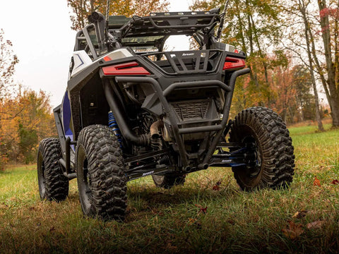 Arched Boxed Radius Rods for Polaris RZR Pro XP and Pro XP 4 Off Road Upgrade With High Ground Clearance Beefy Rugged Steel Build Powder Coated Black Finish Easy Install And Durable Performance, rear view on RZR