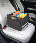 Trunk Organizer For Your Car Storage Foldable And Waterproof With Reinforced Handles Multi Compartment Design Collapsible Two Large Compartments Mesh Pockets And Easy Access Great For Car Accessories SUV Black Standard, black organizer with snacks and drinks on car seat.