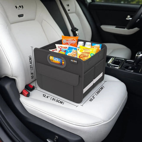 Trunk Organizer For Your Car Storage Foldable And Waterproof With Reinforced Handles Multi Compartment Design Collapsible Two Large Compartments Mesh Pockets And Easy Access Great For Car Accessories SUV Black Standard, black organizer with snacks and drinks on car seat.