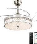 42 Inch Retractable Ceiling Fan With Light And Remote Crystal Chandelier Style in chrome silver finish with mobile app view and remote