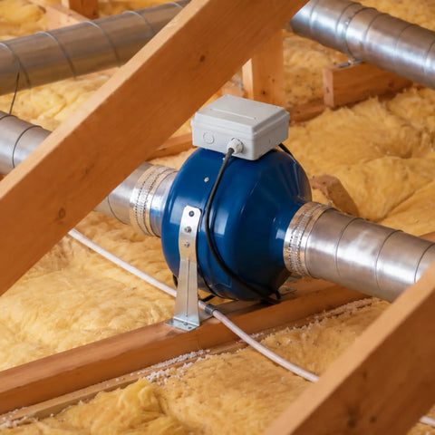 6 Inch Inline Duct Fan With Centrifugal Impeller, Delivers 456 CFM At Zero Static Pressure, 420 CFM At 0.2 In, External Rotor Motor, 152 W, Easy Install With Mounting Brackets And Power Cord installed in attic ductwork
