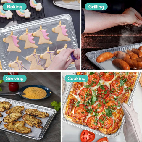 Disposable Aluminum Pans 5 Pack 13 By 17 Baking Sheets with cookies, sausages, chicken, and pizza for baking, grilling, serving, and cooking