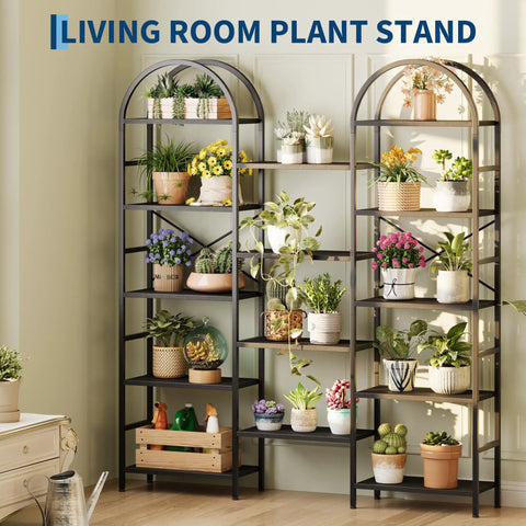 Arched Triple Column 63 Inch Wide 5 Tier Bookshelf With Open Shelves Dope Industrial Style Large Display Shelf and plants