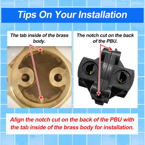 Installation guide for Pressure Balancing Shower Cartridge For One Half Inch Valves Replacement Aftermarket Part With O Ring And Diaphragm Single Handle No Leak Easy Install Compatible With Rite Temp Style Bath And Shower Valves showing tab alignment