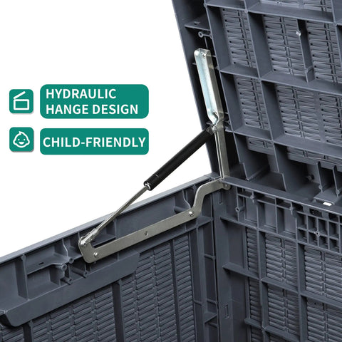 Interior view of Huge 100 Gallon Outdoor Resin Deck Box With Lockable Lid, showcasing hydraulic hinge and child-friendly design.