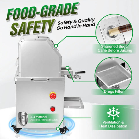 Commercial Sugar Cane Juicer Machine With Stainless Steel Juice Press And 110V Power Source displaying food-grade safety features and dregs filter.