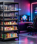 Five Tier Boltless Steel Storage Shelving Unit With MDF Boards Beefy Heavy Duty Garage Rack in a gaming room with snacks