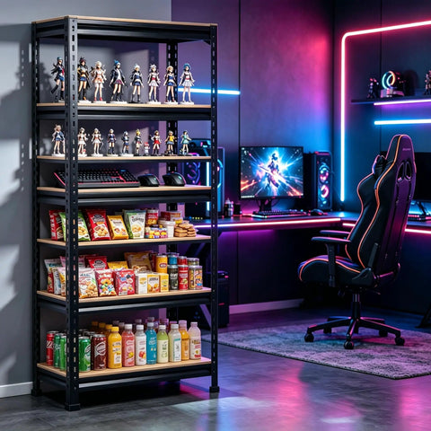 Five Tier Boltless Steel Storage Shelving Unit With MDF Boards Beefy Heavy Duty Garage Rack in a gaming room with snacks
