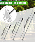 2-In-1 Garden Hoe And Weed Rake With Adjustable Long Handle, showing size variations and handle measurements