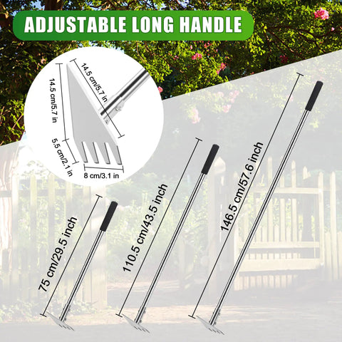 2-In-1 Garden Hoe And Weed Rake With Adjustable Long Handle, showing size variations and handle measurements