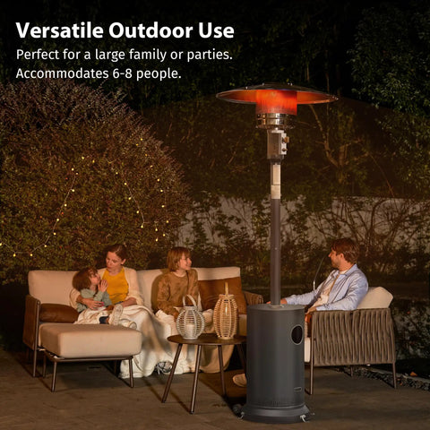 50,000 BTU Outdoor Patio Heater With Round Table Design, double layer stainless steel burner, black, shown in use at night