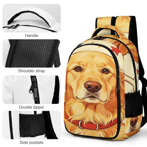 4th Of July Golden Printed Unisex Backpack Large Capacity Daypack with dog print, handle, and side pockets