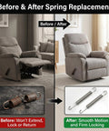 Before and after images showing Top Notch Heavy Duty Stainless Steel Replacement Recliner Tension Springs fixing a saggy sofa.
