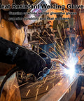 Person welding wearing 14 Inch Heavy Duty Leather Welding Gloves With Soft Lining, 932 F Heat Resistant Mitts For Tig, Mig, Stick, Forge