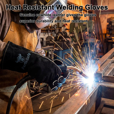Person welding wearing 14 Inch Heavy Duty Leather Welding Gloves With Soft Lining, 932 F Heat Resistant Mitts For Tig, Mig, Stick, Forge