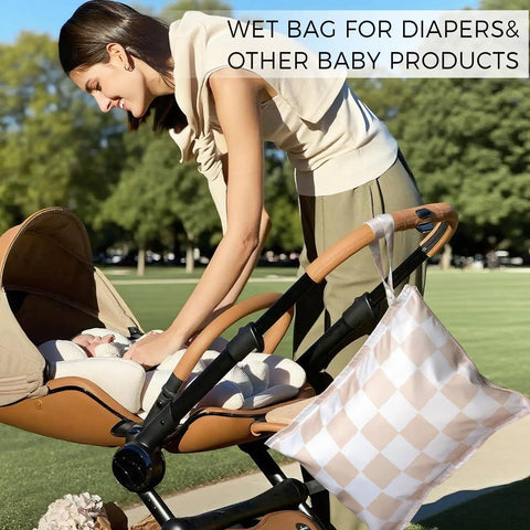 Woman with stroller using Waterproof Wet Dry Bags Set Of 2 For Swimwear And Baby Clothes Leakproof Reusable Pouches with zipper