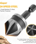 82 Degree Five Flute Countersink Drill Bit Set shown with a single HSS bit featuring a 1/4 inch hex shank for metal and woodworking.