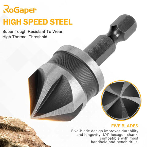 82 Degree Five Flute Countersink Drill Bit Set shown with a single HSS bit featuring a 1/4 inch hex shank for metal and woodworking.