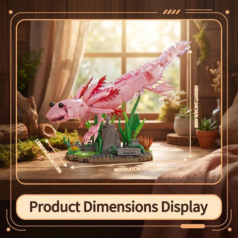 Pink Axolotl Building Block Set 998 Pieces 1 to 1 Scale amphibian model dimensions shown in home setting