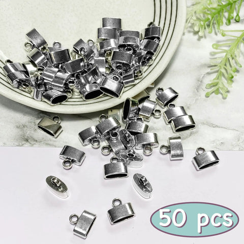 Flat Leather Cord End Caps Set, 50 Pcs Antique Silver Tassel Barrel End Caps for Jewelry Making