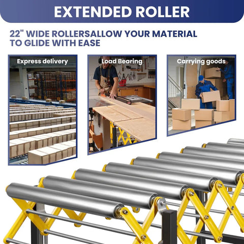 Heavy Duty 50 Inch Extendable Roller Conveyor Table With Steel Frame Loads 1000 Lbs For Warehouse, Workshop And Fulfillment Center Use, showing rollers and material handling.