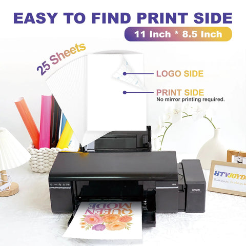 Dark Fabric Iron On Transfer Paper Kit, 25 Sheets, 8.5x11 Inches, Printable Heat Transfer for Inkjet Printers, shown with printer setup